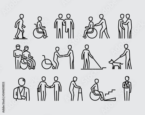 Disabled People Supporting Disability Mobility Aids Vector Line Icons