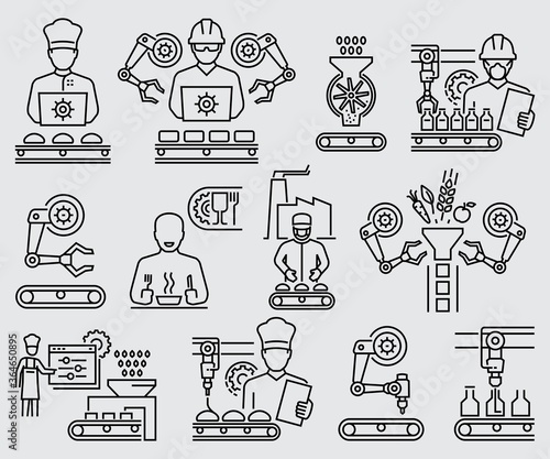 Food and Beverage Manufacturing Production Factory Workers Vector Line Icons