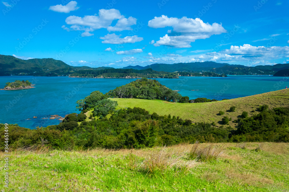 Hiking at Urupukapuka, Bay of Islands near Paihia, New Zealand, scenic landscape, lush green meadow on hills, blue ocean water of harbor and clouds in the sky