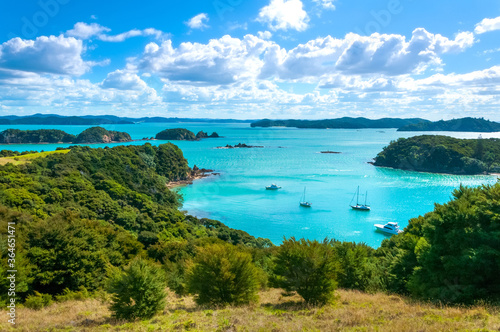 Hiking at Urupukapuka, Bay of Islands near Paihia, New Zealand, Scenic landscape, lush green meadow on hills, small ships, boats and yachts in clear and calm turquoise color waters of harbor and cloud
