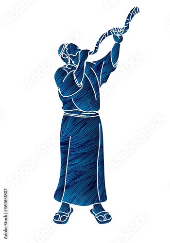 Jewish blowing the Shofar horn cartoon graphic vector.	