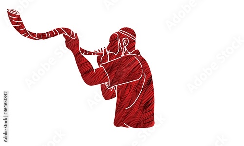 Jewish blowing the Shofar horn cartoon graphic vector.	