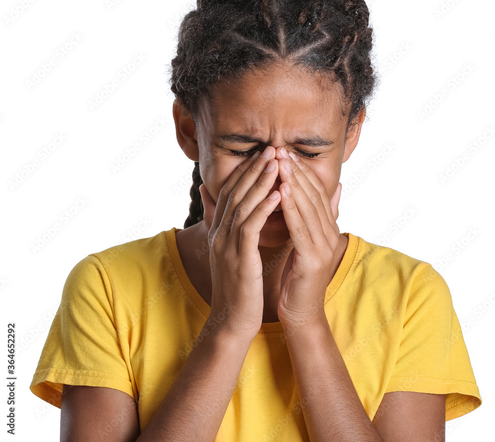Sad African-American girl on white background. Stop racism Sad African-American girl on white background. Stop racism