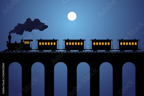 Steam train silhouette with wagons on the bridge in the night