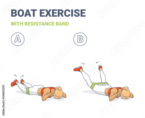 Back Boat with Resistance Band Exercise illustration. Colorful Concept of Girls Back Strength Workout with Elastic Band.