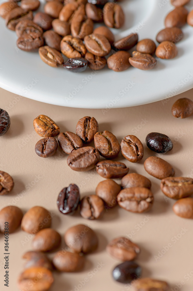Roasted coffee beans and cup with copyspace. Roasted coffee beans of the morning mood. Roasted coffee beans and cup with copyspace. Roasted coffee beans of the morning mood.