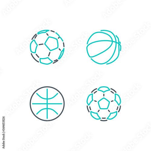 Set of thin contour lines icons basketball and soccer balls isolated on white background. Modern design minimalistic style black and white outline sign classic football basketball illustration balls