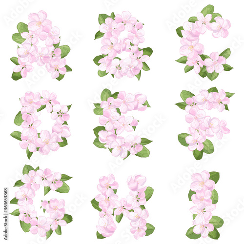 Letters A-I of the English alphabet from apple blossom
