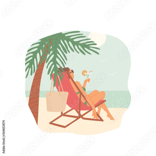 Girl on beach sitting on chaise longue under palm tree with cocktail in her hands and looks at the sea. Relaxing holiday on the coast. Vector flat cartoon illustration with background.