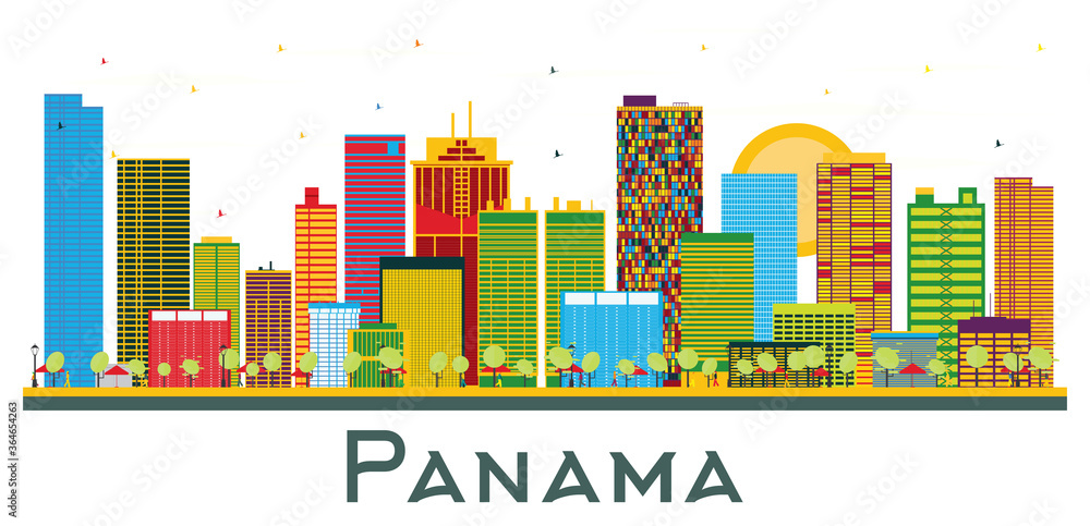 Panama City Skyline with Color Buildings Isolated on White.