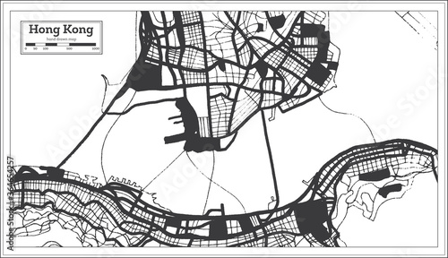 Canvas Print Hong Kong China City Map in Black and White Color in Retro Style