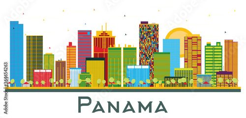 Panama City Skyline with Color Buildings Isolated on White.