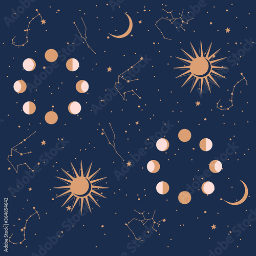 Seamless pattern with Astrology and Space concept. Minimalistic objects made in the style of one line. Editable vector illustration.