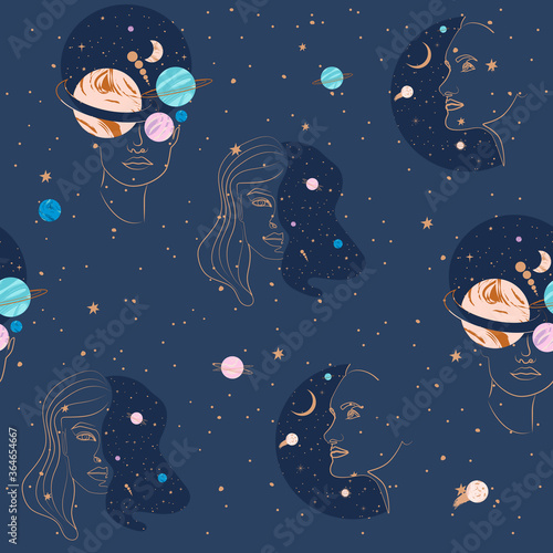 Seamless pattern with Astrology and Space concept. Planet and woman face portrait. Minimalistic objects made in the style of one line. Editable vector illustration.