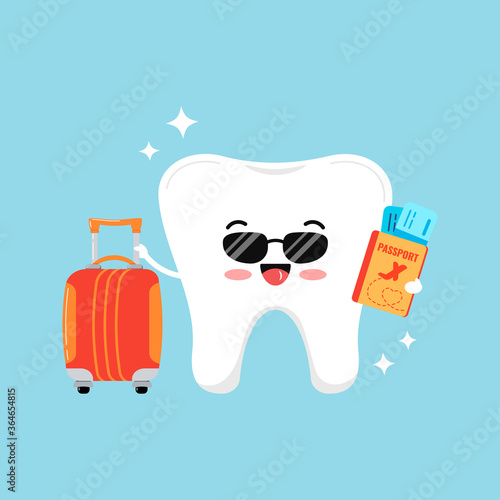 Cute tooth emoji with sunglasses and suitcase and passport with tickets and sparkles. Hello summer and dental tourism concept. Flat design cartoon style smiling tooth character vector illustration.