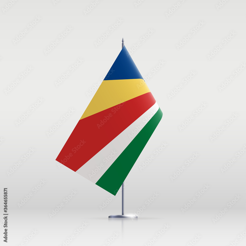 Seychelles flag state symbol isolated on background national banner. Greeting card National Independence Day of the Republic of Seychelles. Illustration banner with realistic state flag. Seychelles flag state symbol isolated on background national banner. Greeting card National Independence Day of the Republic of Seychelles. Illustration banner with realistic state flag.