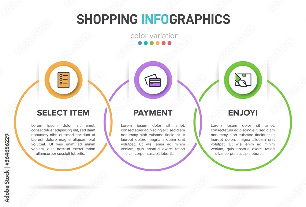 Fototapeta premium Concept of shopping process with 3 successive steps. Three colorful graphic elements. Timeline design for brochure, presentation, web site. Infographic design layout.
