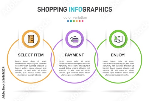 Concept of shopping process with 3 successive steps. Three colorful graphic elements. Timeline design for brochure, presentation, web site. Infographic design layout.