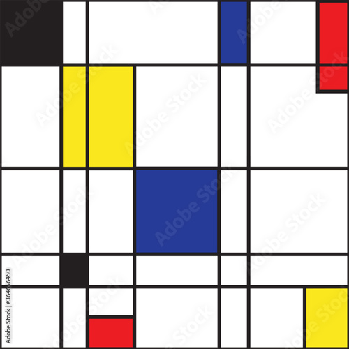 Mondrian seamless pattern. Bauhaus abstract checked geometric style background in blue, red,yellow and black. Colorful vector illustration. Mosaic Piet Mondrian emulation