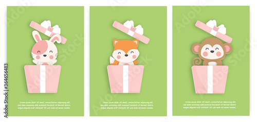 Set of birthday cards with cute fox , monkey and tiger in a gift box.  paper cut style.