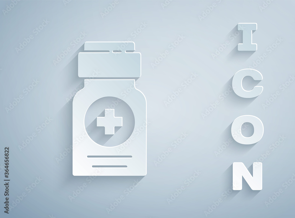 Paper cut Medicine bottle icon isolated on grey background. Bottle pill sign. Pharmacy design. Paper art style. Vector Illustration. Paper cut Medicine bottle icon isolated on grey background. Bottle pill sign. Pharmacy design. Paper art style. Vector Illustration.