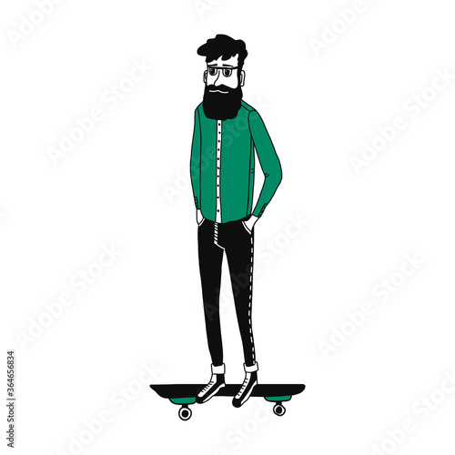 Cool hipster character with a beard on a skateboard. an adult man in glasses, jeans and sneakers rides a skateboard. Character of a city dweller. Vector illustration isolated on a white background