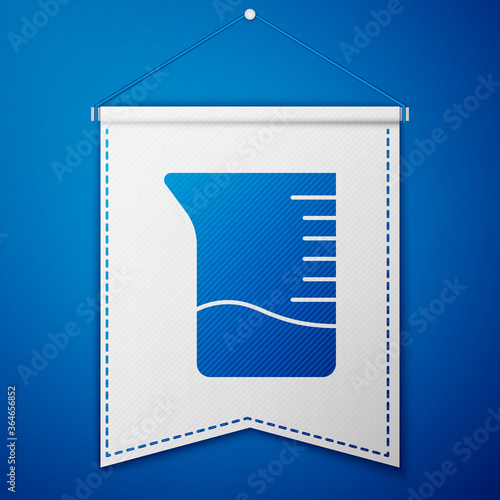 Blue Measuring cup icon isolated on blue background. Plastic graduated beaker with handle. White pennant template. Vector Illustration.