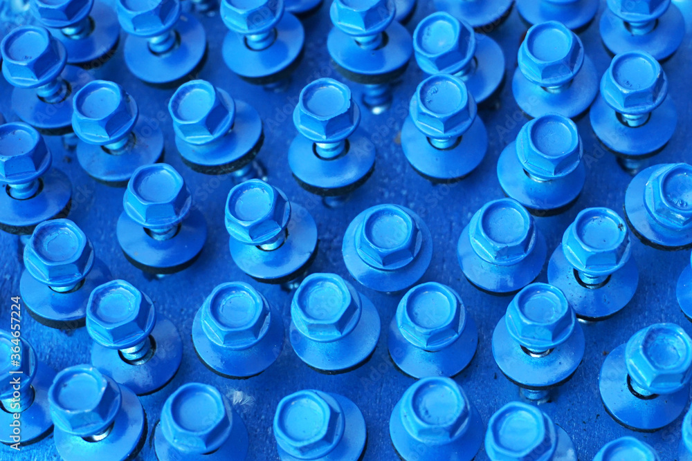 Top view of blue roofing self-tapping screws Top view of blue roofing self-tapping screws