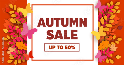 
Autumn sale banner with leaves in paper cut style. photo