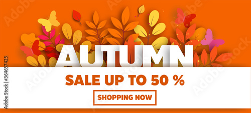 
Autumn sale banner with leaves in paper cut style.