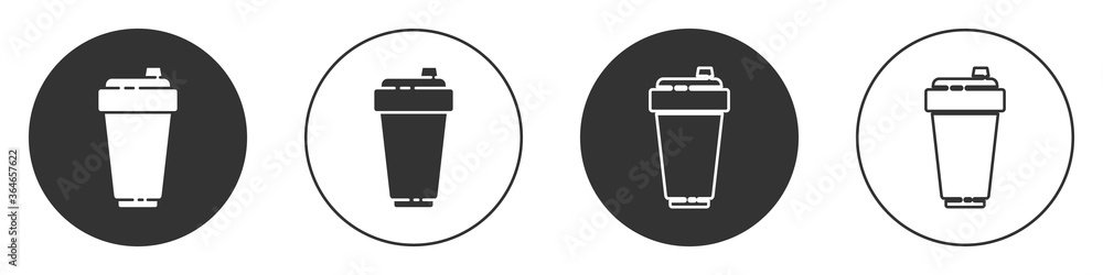 Black Fitness shaker icon isolated on white background. Sports shaker bottle with lid for water and protein cocktails. Circle button. Vector Illustration. Black Fitness shaker icon isolated on white background. Sports shaker bottle with lid for water and protein cocktails. Circle button. Vector Illustration.