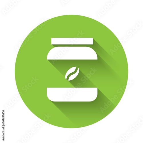 White Coffee jar bottle icon isolated with long shadow. Green circle button. Vector Illustration.