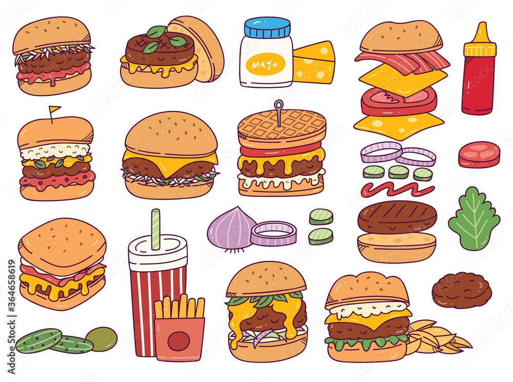 Set of burger doodles isolated on white background Set of burger doodles isolated on white background