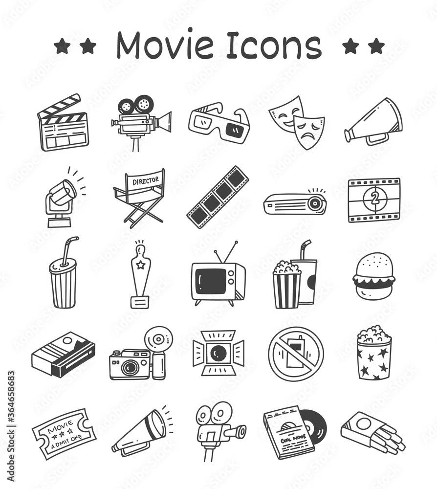 Set of Movie Icons in Doodle Style Vector Illustration Set of Movie Icons in Doodle Style Vector Illustration