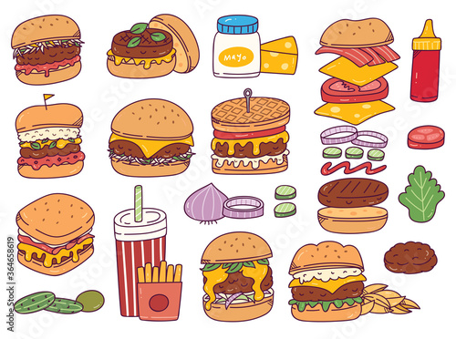 Set of burger doodles isolated on white background
