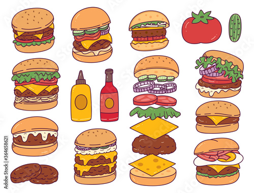 Set of burger doodles isolated on white background