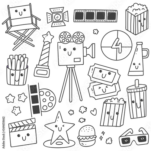 Set of kawaii style movie doodles line art