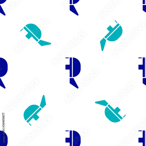 Blue Fencing helmet mask icon isolated seamless pattern on white background. Traditional sport defense. Vector Illustration.