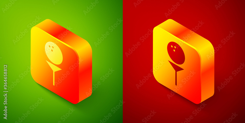 Isometric Golf ball on tee icon isolated on green and red background. Square button. Vector Illustration. Isometric Golf ball on tee icon isolated on green and red background. Square button. Vector Illustration.