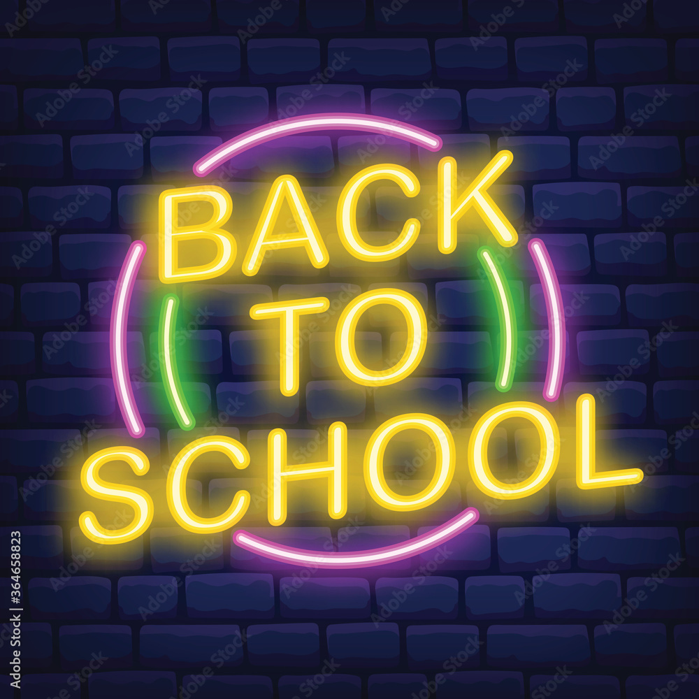 Back to school neon sign on dark brick background vector illustration