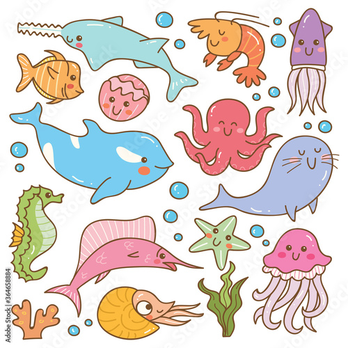 Set of sea animal kawaii doodles