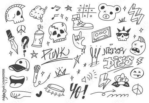Set of graffiti doodle, punk music hand drawn scribble 