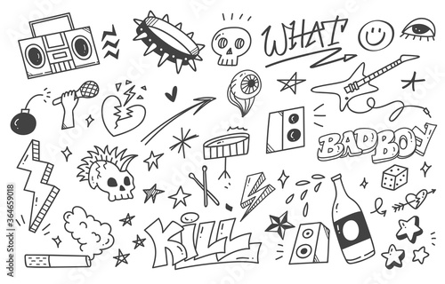 Set of graffiti doodle, punk music hand drawn scribble 