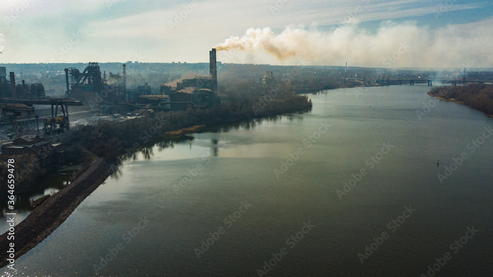 metallurgical production plant full cycle smoke from pipes bad ecology aerial photography