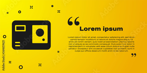 Black Action extreme camera icon isolated on yellow background. Video camera equipment for filming extreme sports. Vector Illustration.