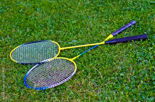 Badminton racket on grass