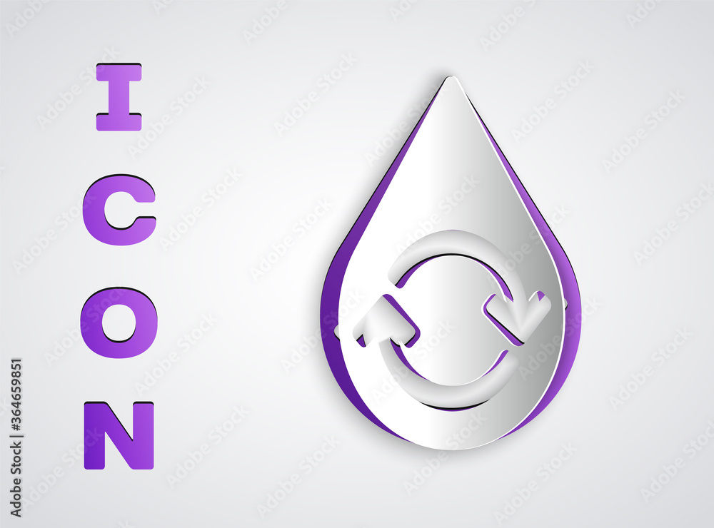 Paper cut Recycle clean aqua icon isolated on grey background. Drop of water with sign recycling. Paper art style. Vector Illustration. Paper cut Recycle clean aqua icon isolated on grey background. Drop of water with sign recycling. Paper art style. Vector Illustration.