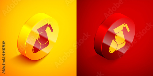 Isometric Jug glass with water icon isolated on orange and red background. Kettle for water. Glass decanter with drinking water. Circle button. Vector Illustration.