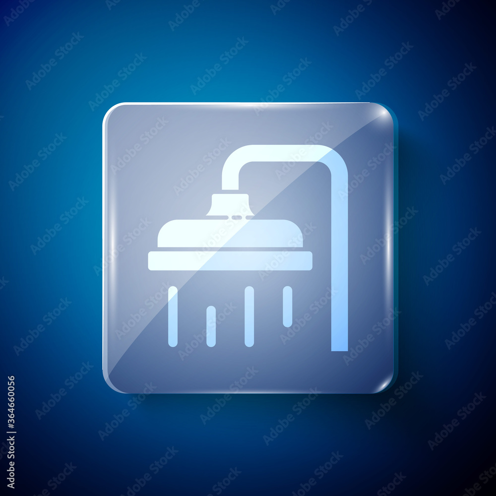 White Shower head with water drops flowing icon isolated on blue background. Square glass panels. Vector Illustration. White Shower head with water drops flowing icon isolated on blue background. Square glass panels. Vector Illustration.