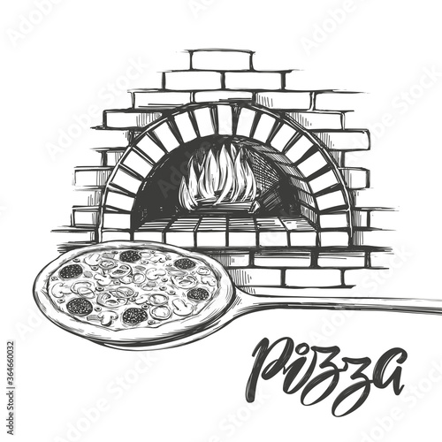 Italian pizza ,process of cooking pizza, baking with fire, logo, hand drawn vector illustration realistic sketch